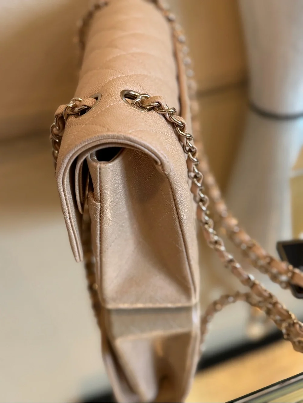 CHANEL Quilted Double Flap Shoulder Bag in Light Beige with Gold Hardware
